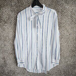 Elizabeth & James Top Womens Medium‎ Button Up Tie Neck Striped Long Sleeve